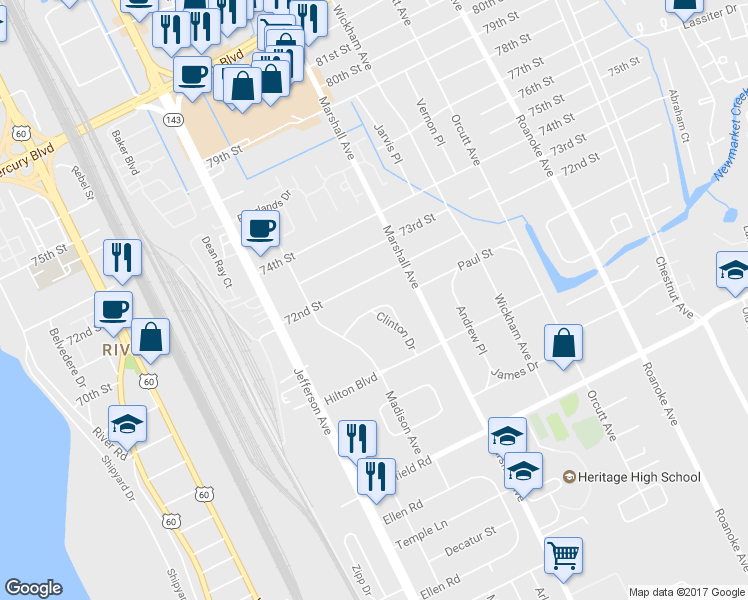 map of restaurants, bars, coffee shops, grocery stores, and more near 631 Clinton Drive in Newport News