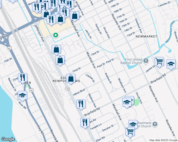 map of restaurants, bars, coffee shops, grocery stores, and more near 637 Clinton Drive in Newport News