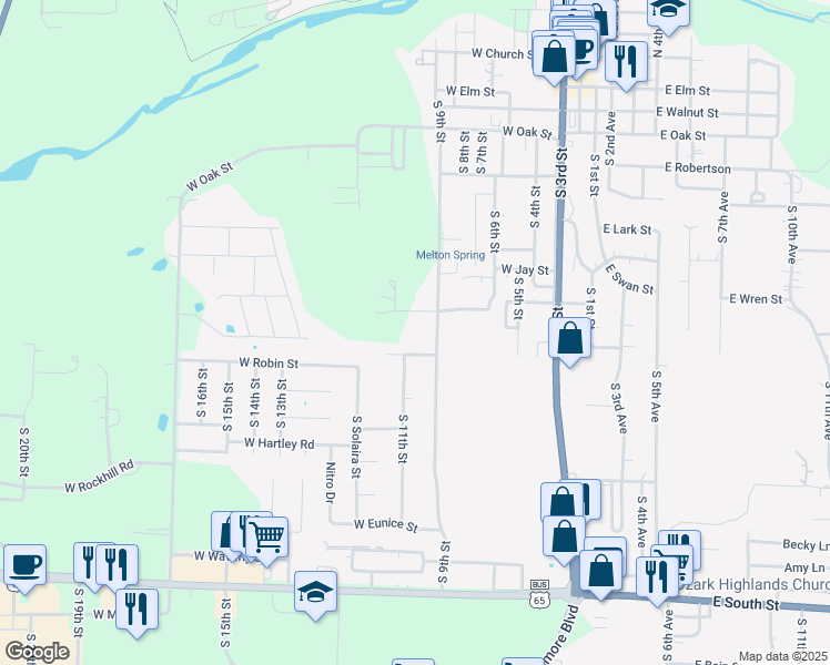 map of restaurants, bars, coffee shops, grocery stores, and more near 901-999 S 9th St in Ozark