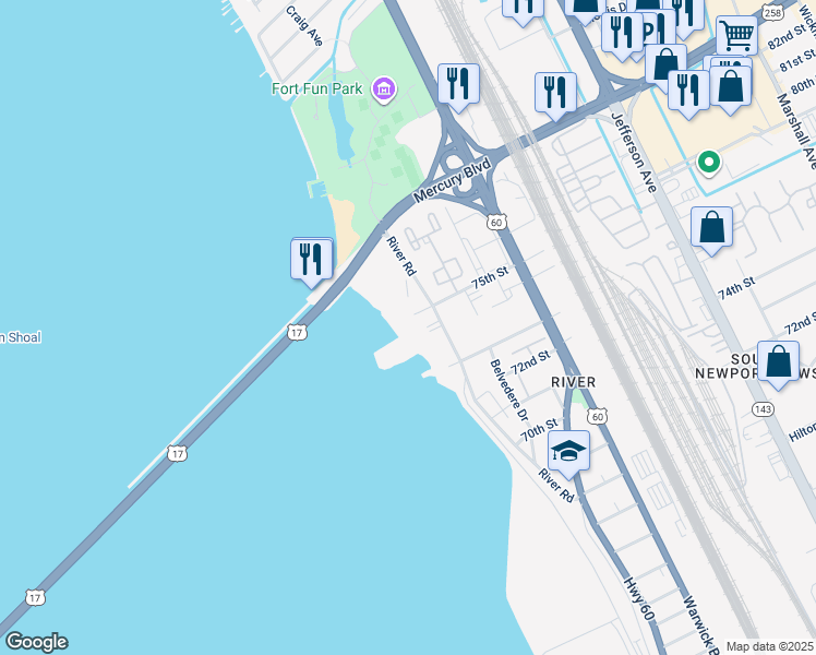 map of restaurants, bars, coffee shops, grocery stores, and more near 7415 River Road in Newport News