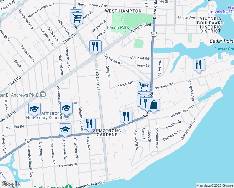 map of restaurants, bars, coffee shops, grocery stores, and more near 37 Oser Lane in Hampton