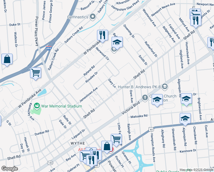 map of restaurants, bars, coffee shops, grocery stores, and more near 628 Quincy Street in Hampton