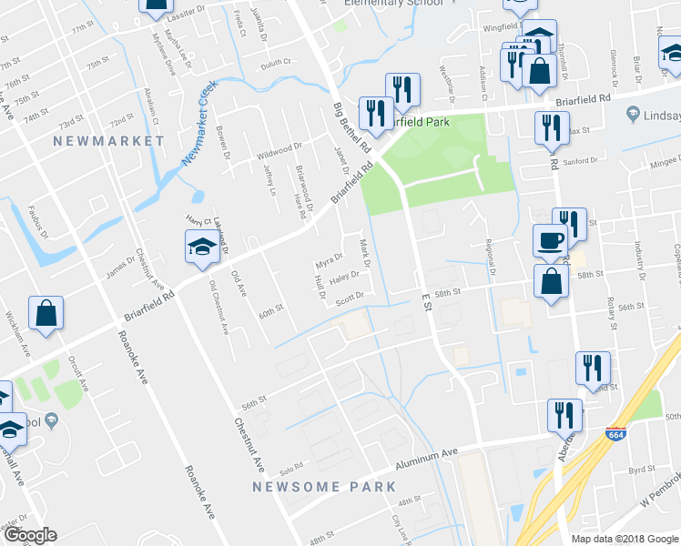 map of restaurants, bars, coffee shops, grocery stores, and more near 12 Haley Drive in Hampton