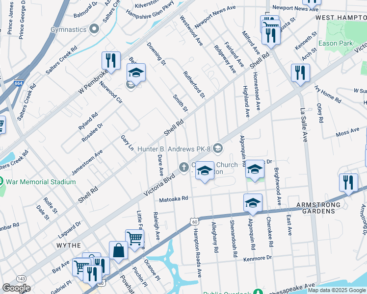 map of restaurants, bars, coffee shops, grocery stores, and more near 413 Hampton Roads Avenue in Hampton