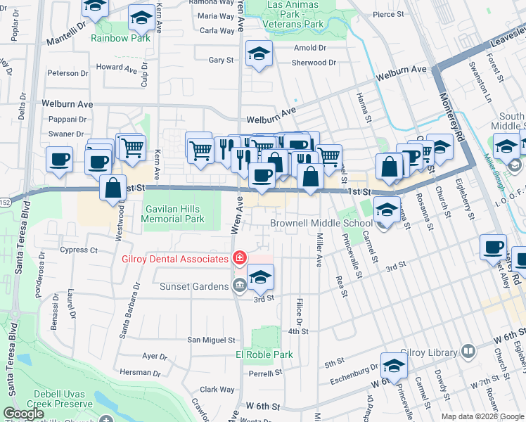 map of restaurants, bars, coffee shops, grocery stores, and more near 7979 Kipling Circle in Gilroy