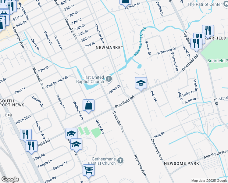 map of restaurants, bars, coffee shops, grocery stores, and more near 1108 James Drive in Newport News