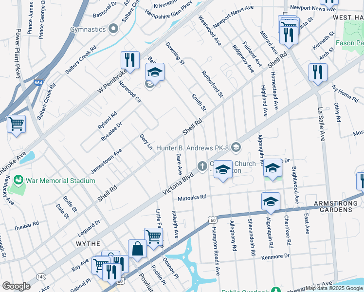 map of restaurants, bars, coffee shops, grocery stores, and more near 425 Melville Road in Hampton