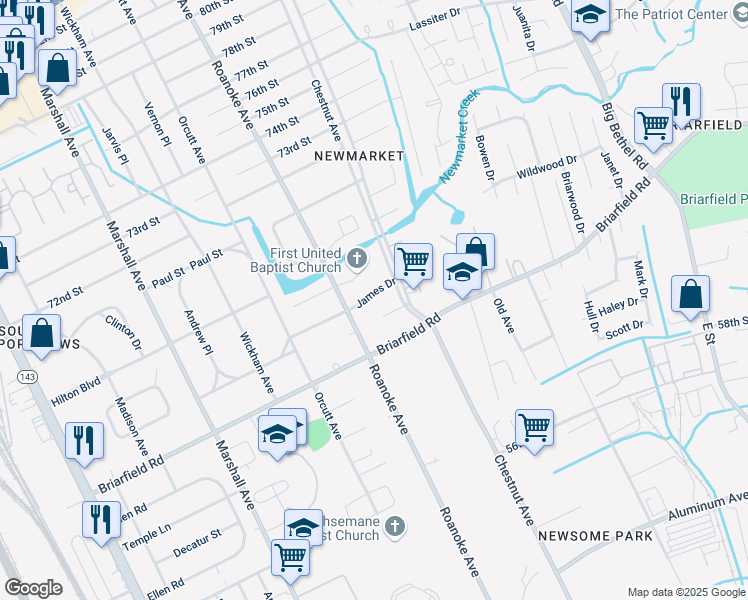 map of restaurants, bars, coffee shops, grocery stores, and more near 1108 James Drive in Newport News
