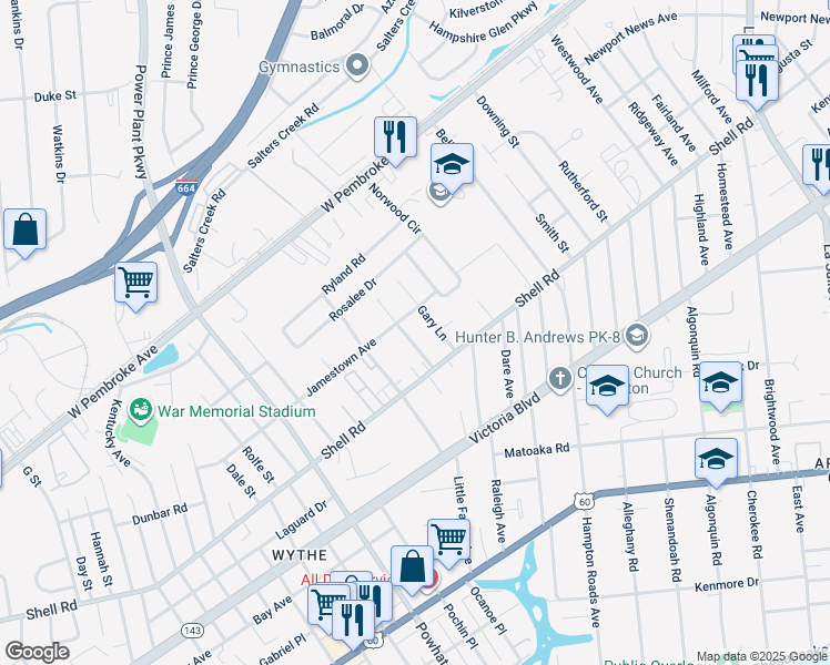 map of restaurants, bars, coffee shops, grocery stores, and more near 628 Quincy Street in Hampton