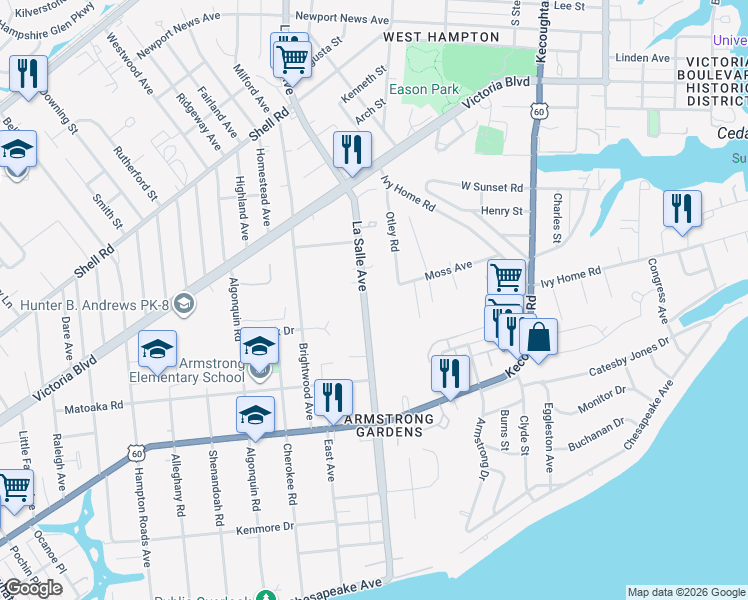 map of restaurants, bars, coffee shops, grocery stores, and more near 312 LaSalle Avenue in Hampton