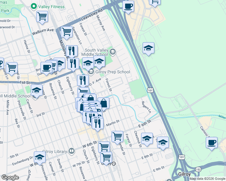 map of restaurants, bars, coffee shops, grocery stores, and more near 7691 Forest Street in Gilroy