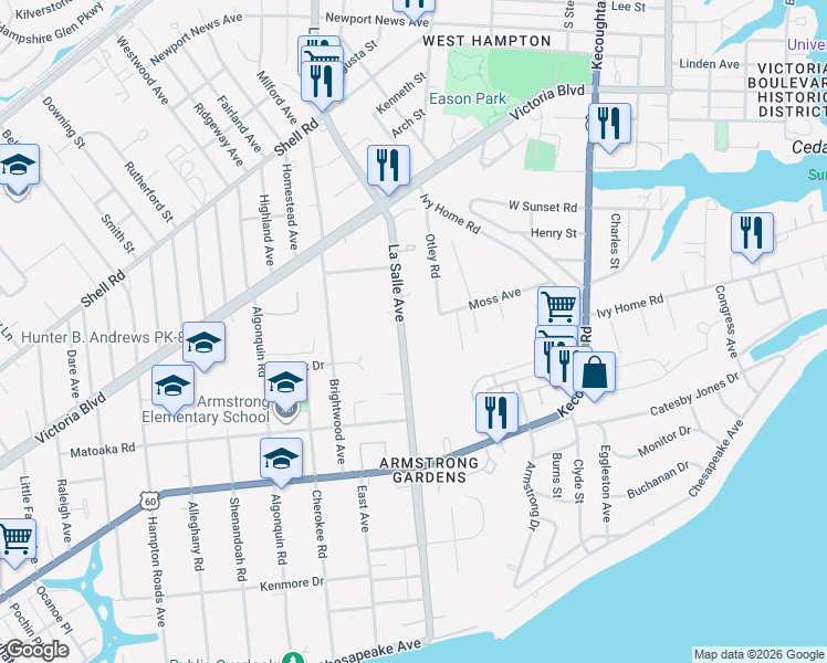 map of restaurants, bars, coffee shops, grocery stores, and more near 312 LaSalle Avenue in Hampton