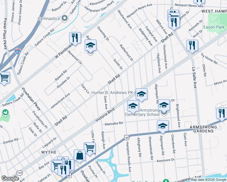 map of restaurants, bars, coffee shops, grocery stores, and more near 425 Melville Road in Hampton