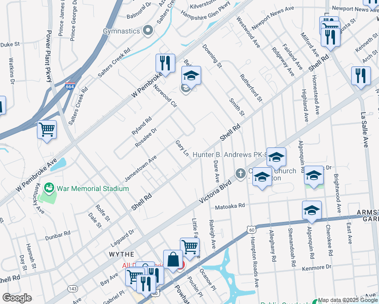map of restaurants, bars, coffee shops, grocery stores, and more near 607 Gary Lane in Hampton