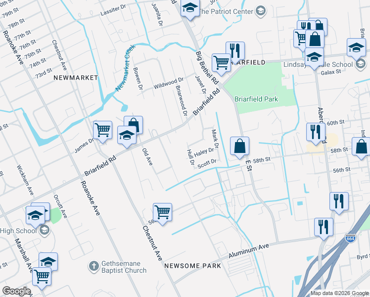 map of restaurants, bars, coffee shops, grocery stores, and more near 25 Myra Drive in Hampton