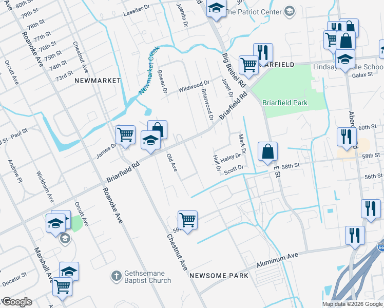 map of restaurants, bars, coffee shops, grocery stores, and more near 1504 Briarfield Road in Hampton