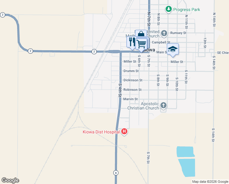 map of restaurants, bars, coffee shops, grocery stores, and more near 323 Robinson Street in Kiowa