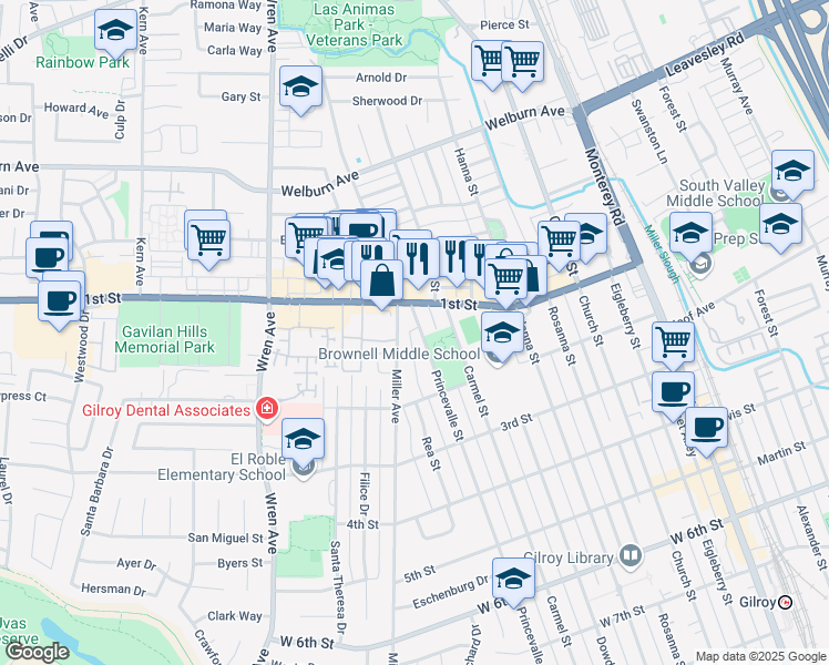 map of restaurants, bars, coffee shops, grocery stores, and more near 7941 Princevalle Street in Gilroy
