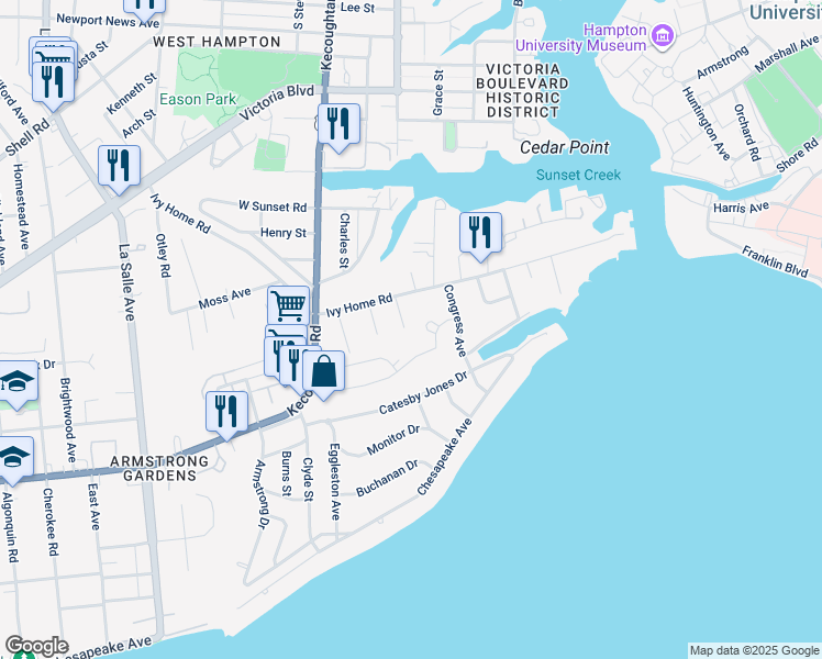 map of restaurants, bars, coffee shops, grocery stores, and more near 29 Trail Street in Hampton