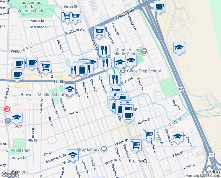 map of restaurants, bars, coffee shops, grocery stores, and more near 7777 Monterey Road in Gilroy