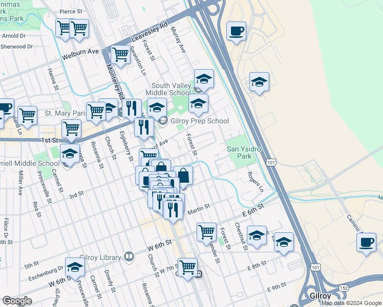 map of restaurants, bars, coffee shops, grocery stores, and more near 7691 Forest Street in Gilroy