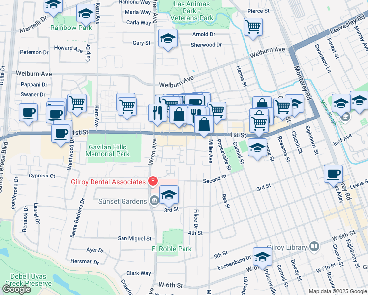 map of restaurants, bars, coffee shops, grocery stores, and more near 7930 Kipling Circle in Gilroy