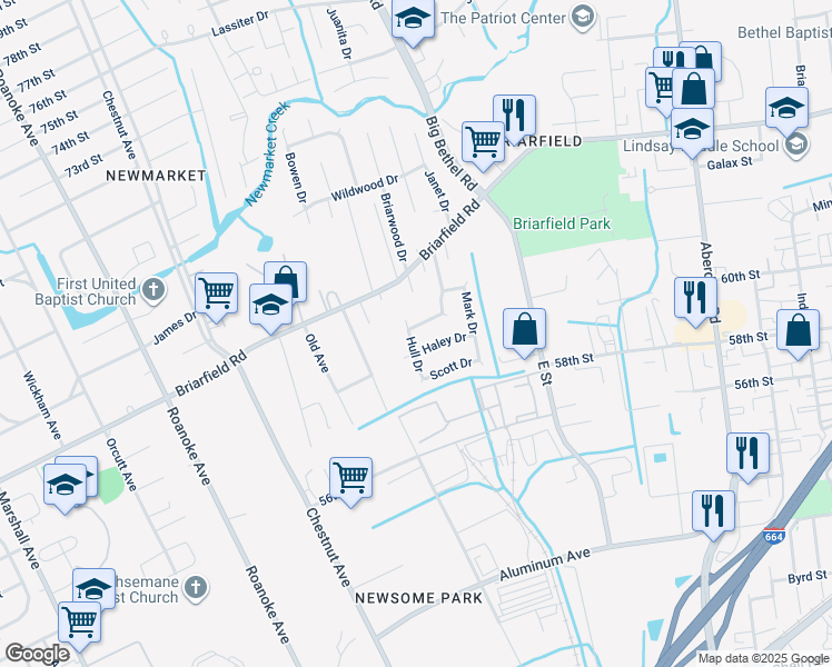 map of restaurants, bars, coffee shops, grocery stores, and more near 25 Myra Drive in Hampton