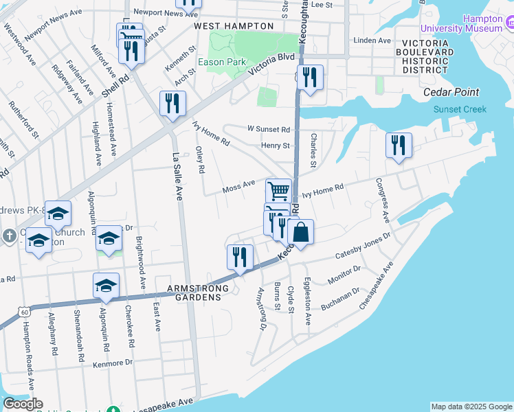 map of restaurants, bars, coffee shops, grocery stores, and more near 56 Pressy Lane in Hampton