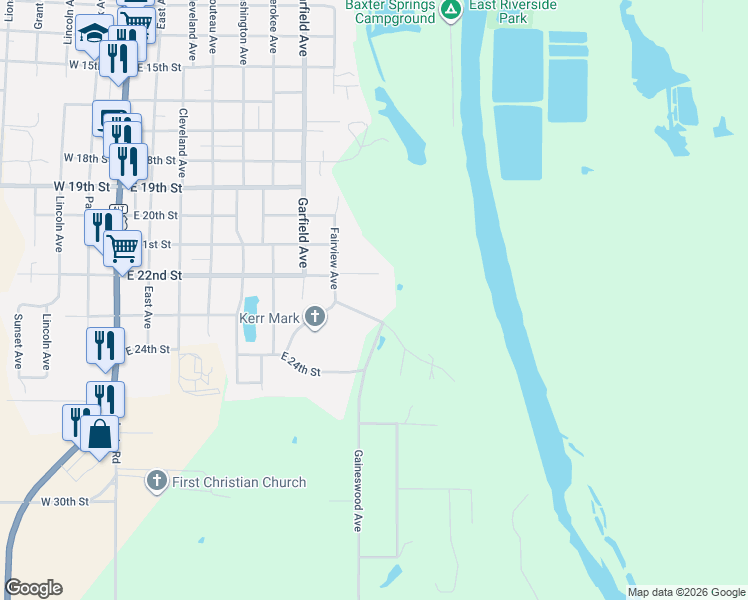 map of restaurants, bars, coffee shops, grocery stores, and more near 800-898 Oak Crest in Baxter Springs