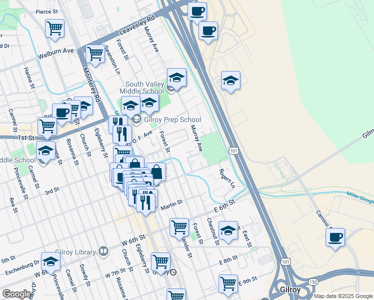 map of restaurants, bars, coffee shops, grocery stores, and more near 7735 Ghirlanda Court in Gilroy