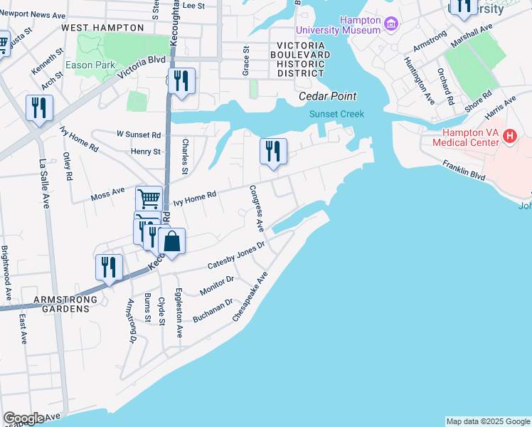 map of restaurants, bars, coffee shops, grocery stores, and more near 308 Congress Avenue in Hampton