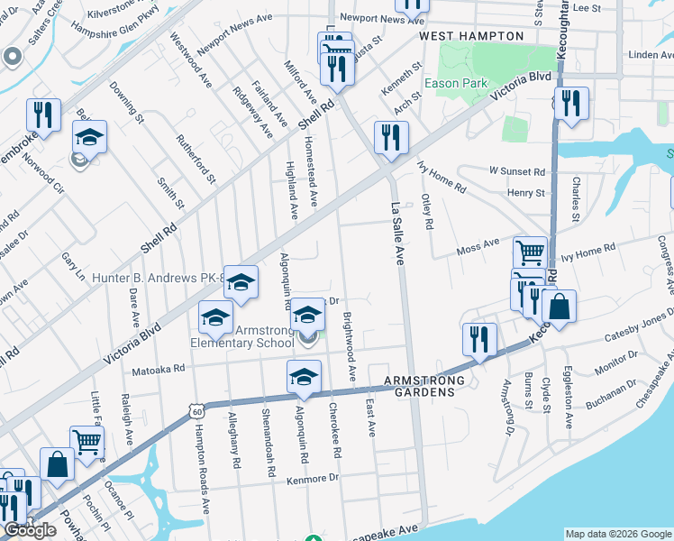 map of restaurants, bars, coffee shops, grocery stores, and more near 341 Brightwood Avenue in Hampton