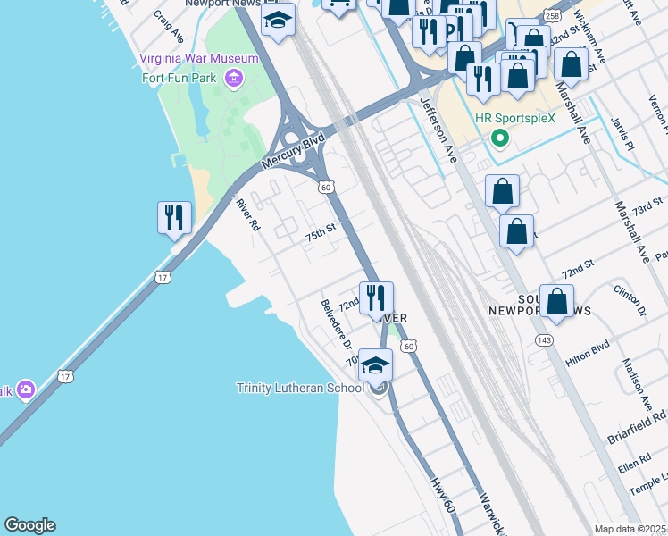 map of restaurants, bars, coffee shops, grocery stores, and more near 323 73rd Street in Newport News