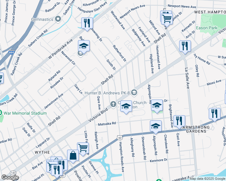 map of restaurants, bars, coffee shops, grocery stores, and more near 413 Hampton Roads Avenue in Hampton