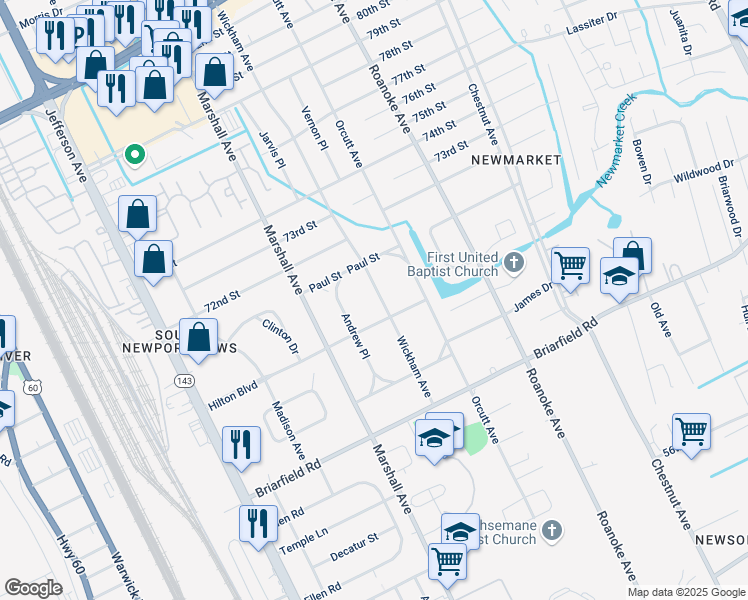 map of restaurants, bars, coffee shops, grocery stores, and more near 5927 Wickham Avenue in Newport News