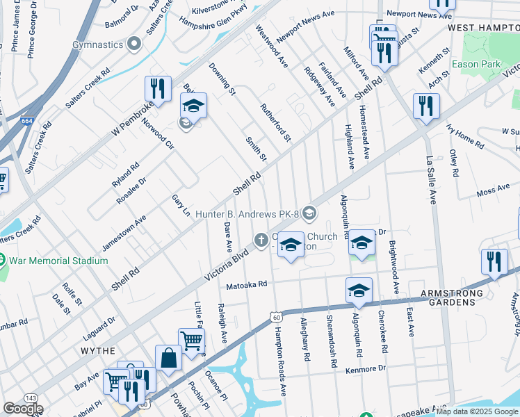 map of restaurants, bars, coffee shops, grocery stores, and more near 413 Hampton Roads Avenue in Hampton