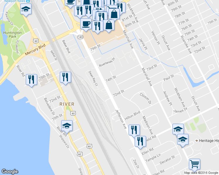 map of restaurants, bars, coffee shops, grocery stores, and more near 5964 Jefferson Avenue in Newport News