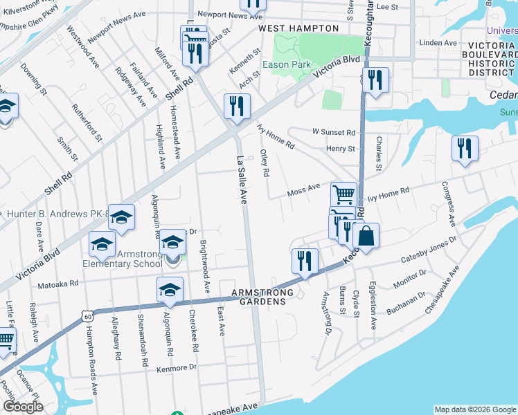 map of restaurants, bars, coffee shops, grocery stores, and more near 312 Lasalle Avenue in Hampton