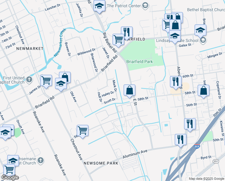 map of restaurants, bars, coffee shops, grocery stores, and more near 4 Haley Drive in Hampton