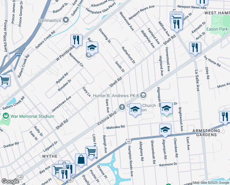 map of restaurants, bars, coffee shops, grocery stores, and more near 425 Melville Road in Hampton