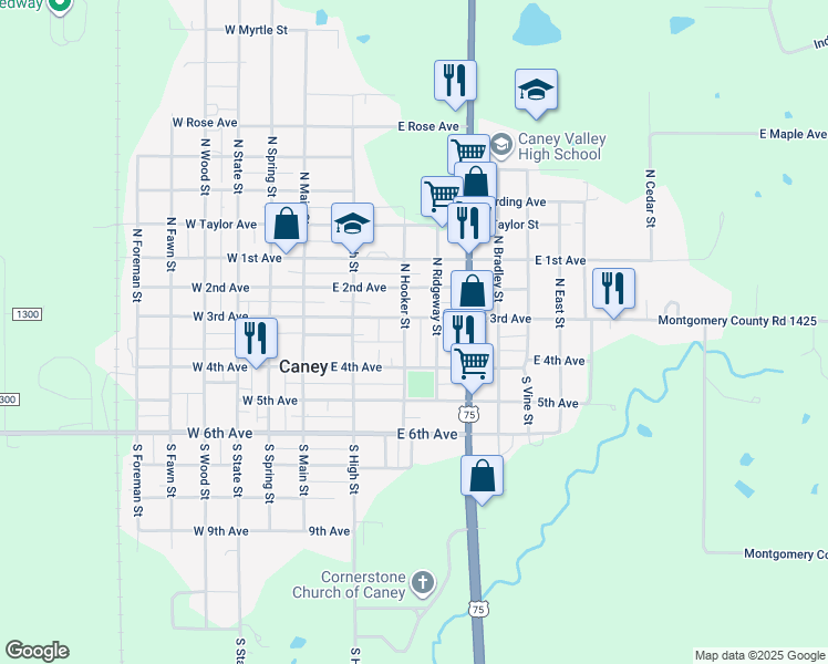 map of restaurants, bars, coffee shops, grocery stores, and more near 101-199 North Hooker Street in Caney