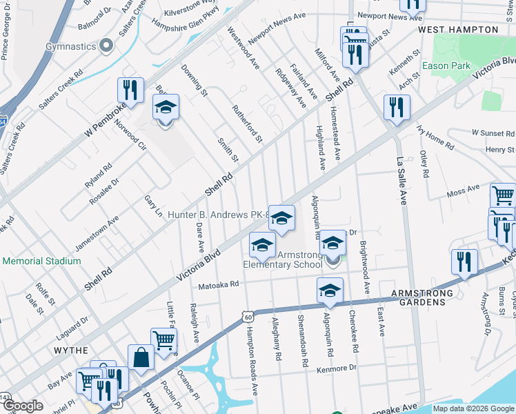 map of restaurants, bars, coffee shops, grocery stores, and more near 404 Colonial Avenue in Hampton