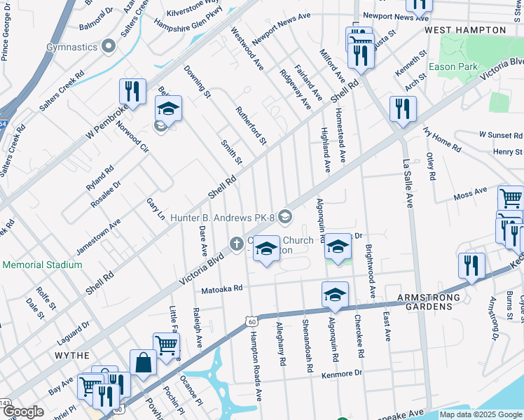 map of restaurants, bars, coffee shops, grocery stores, and more near 406 Colonial Avenue in Hampton