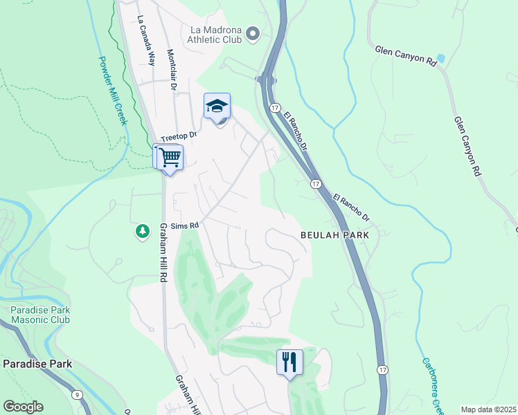 map of restaurants, bars, coffee shops, grocery stores, and more near 243 Sims Road in Santa Cruz