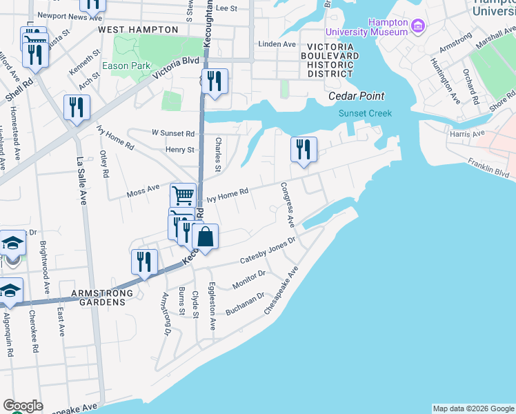 map of restaurants, bars, coffee shops, grocery stores, and more near 30 Trail Street in Hampton