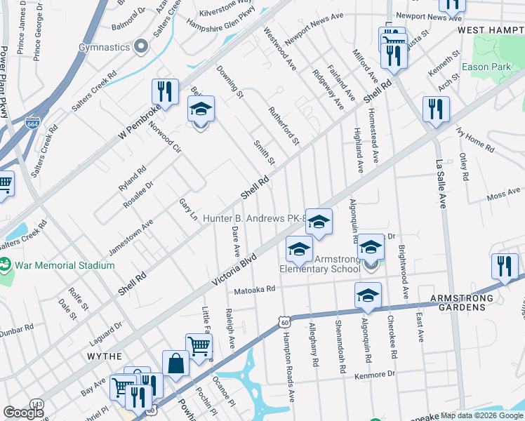 map of restaurants, bars, coffee shops, grocery stores, and more near 411 Hampton Roads Avenue in Hampton