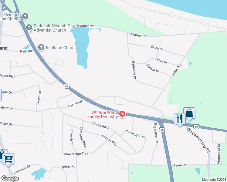 map of restaurants, bars, coffee shops, grocery stores, and more near 517 Calvert Drive in Paducah