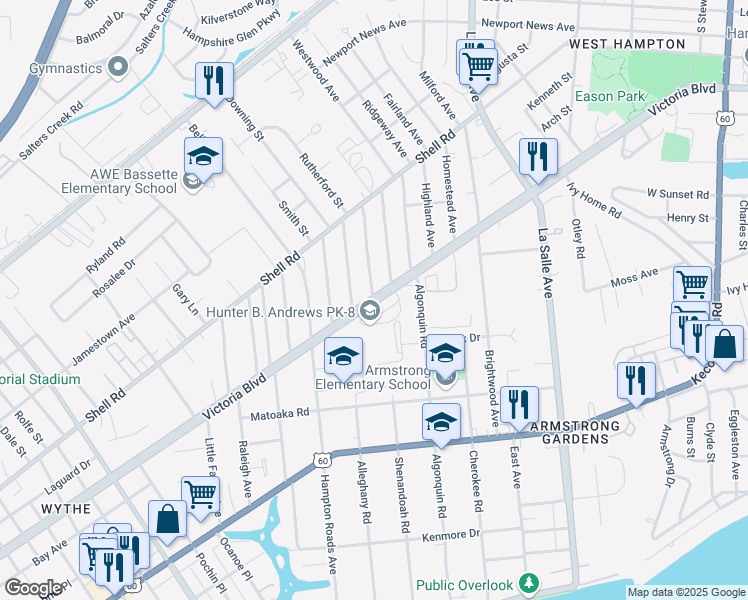 map of restaurants, bars, coffee shops, grocery stores, and more near 3120 Victoria Boulevard in Hampton