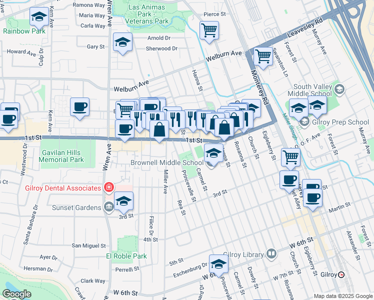 map of restaurants, bars, coffee shops, grocery stores, and more near 7931 Carmel Street in Gilroy