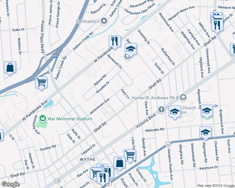map of restaurants, bars, coffee shops, grocery stores, and more near 632 Quincy Street in Hampton